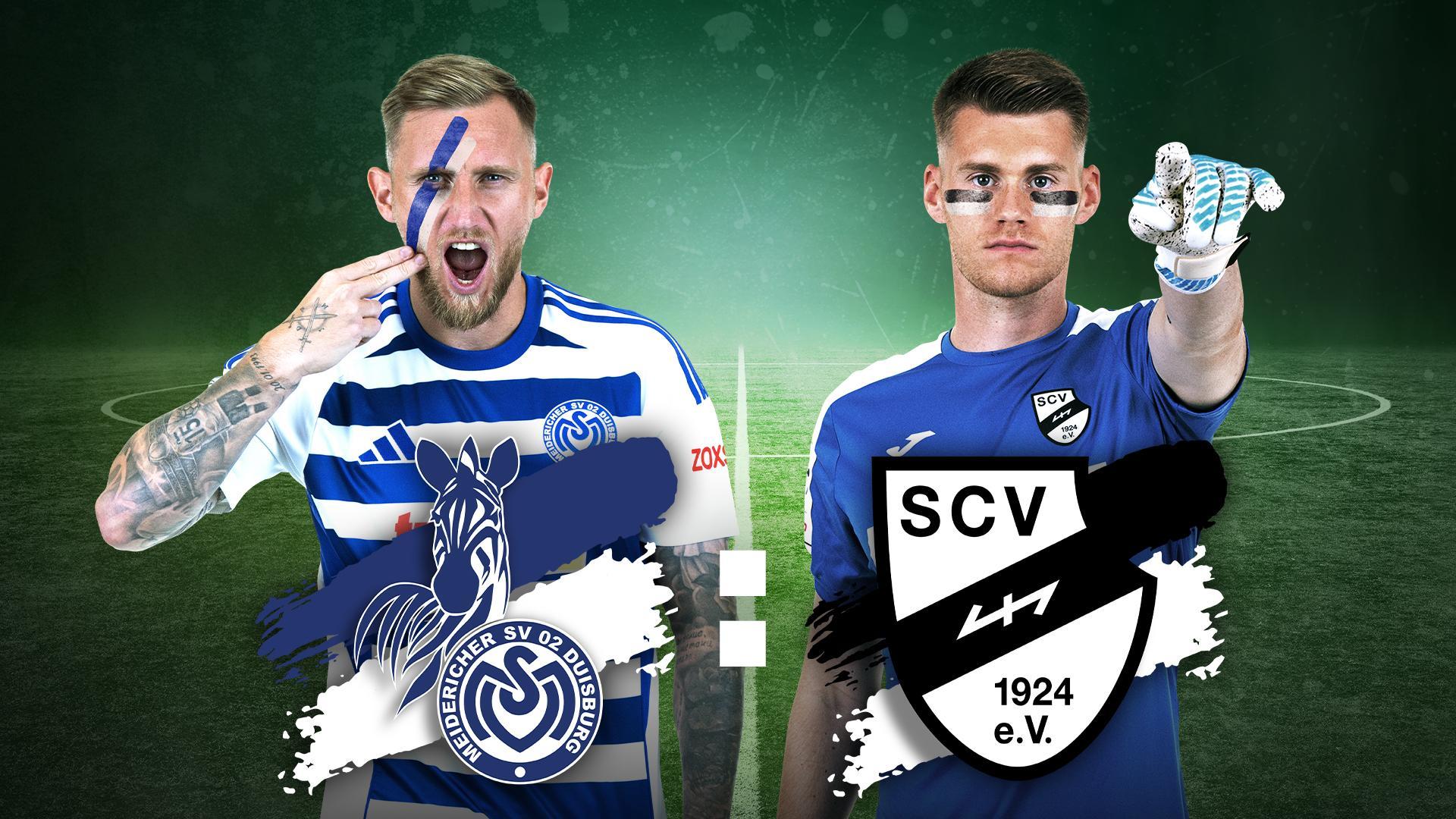 Werbegrafik mit Spielern von MSV Duisburg und SC Verl mit Vereinslogos.